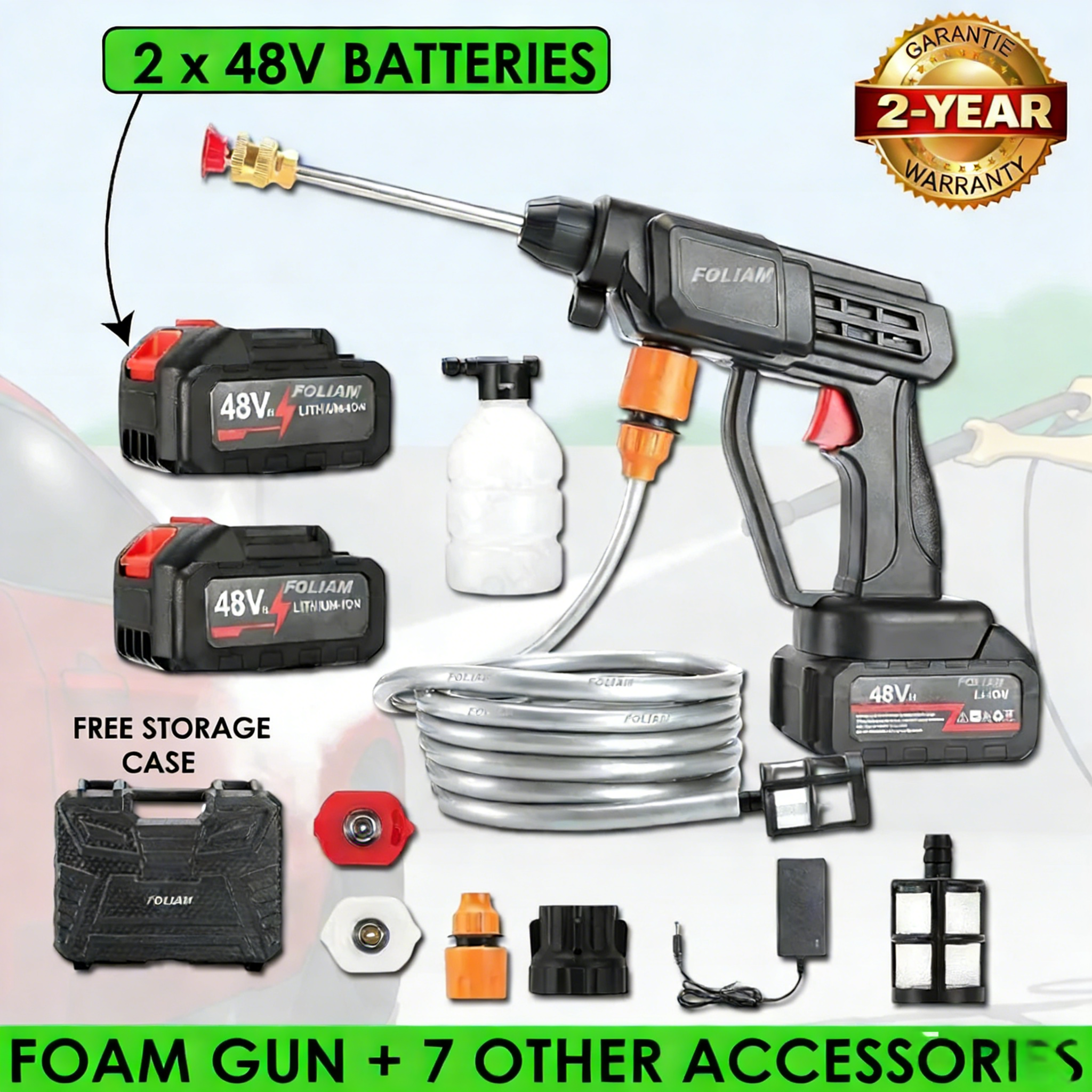 Portable Pressure Washer Set + 2 48V Batteries + Complete Accessories